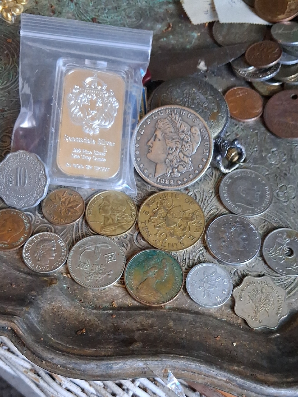 50-140 Year Old Coins & Silver Alloy Bar Lot - Mixed Metal Tones
